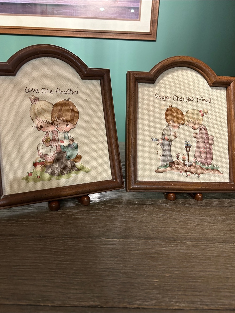 Precious Moments vintage cross stitch completed handwork. One frame has damage